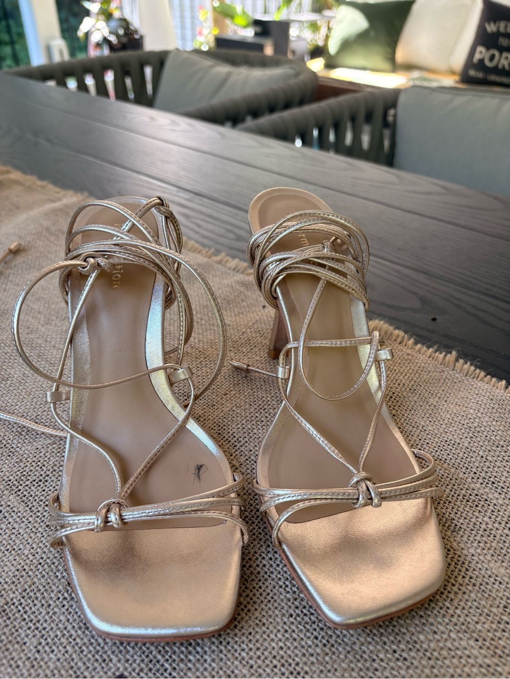 Reformation Gold Metallic Lace-Up Heeled Sandals